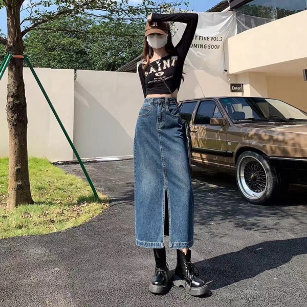 复古高腰显瘦牛仔半身裙女夏2023新款前开叉中长款设计感a字裙子